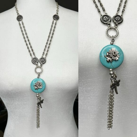 Silver Tone Faux Turquoise Tassel Flower Dragonfly Necklace - Picture 1 of 4